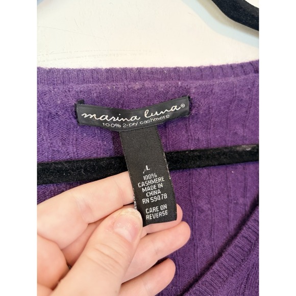 Marina Luna Sweater Cable Knit Cashmere Preppy Normcore V-Neck Purple Women Sz L - Picture 2 of 7